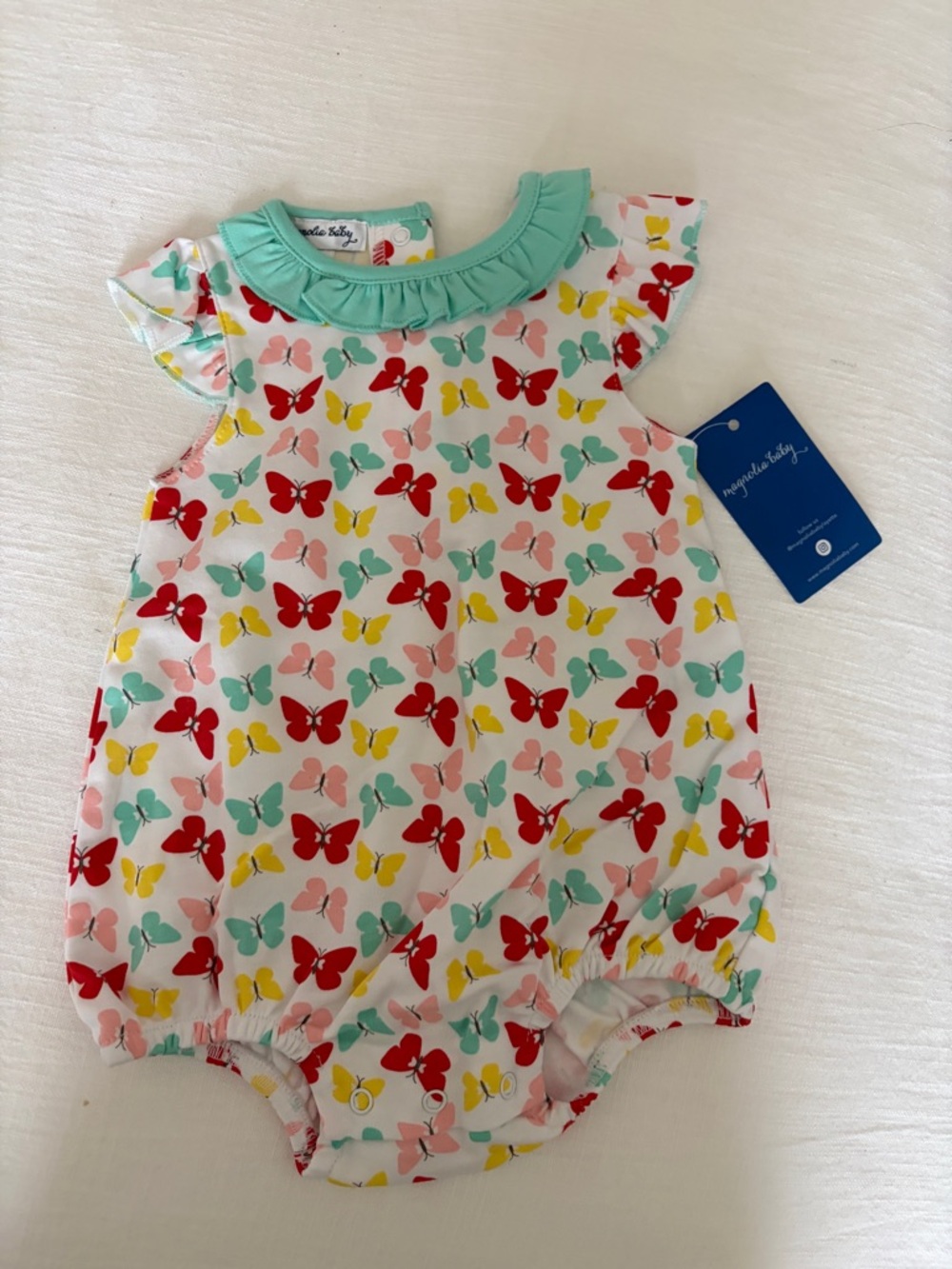 Magnolia Baby Mint Collar Butterfly Print Baby Romper